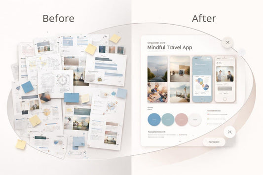 Before and after comparison of a mindful travel app design on a white background