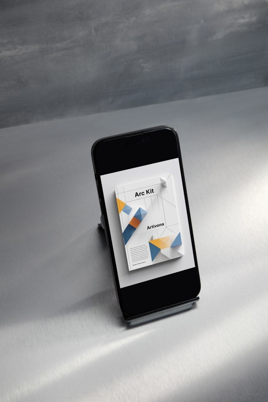 Phone displaying a product on a gray surface