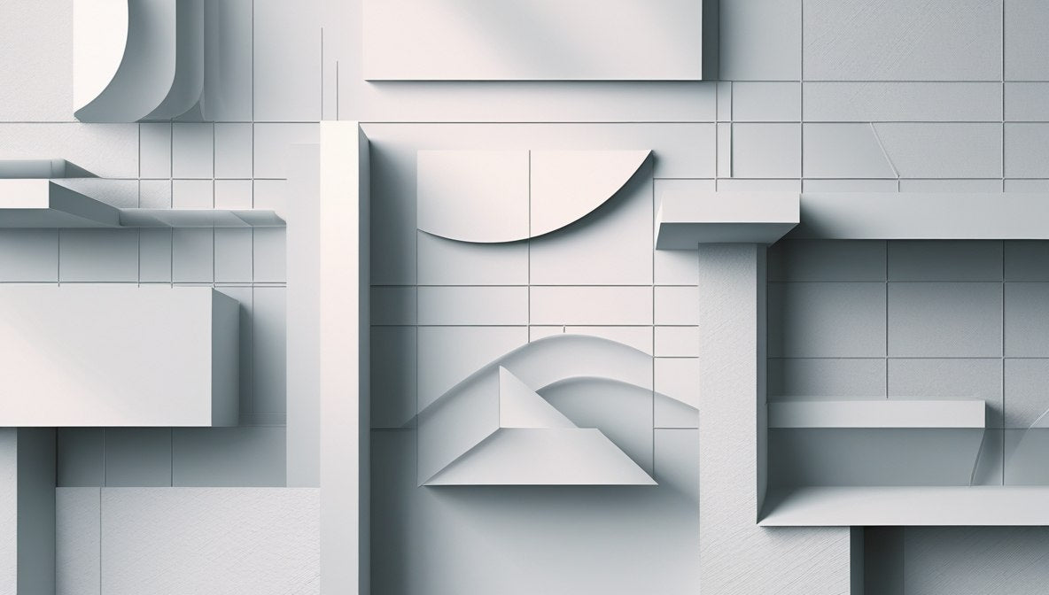Abstract geometric design with white and gray shapes on a light gray background