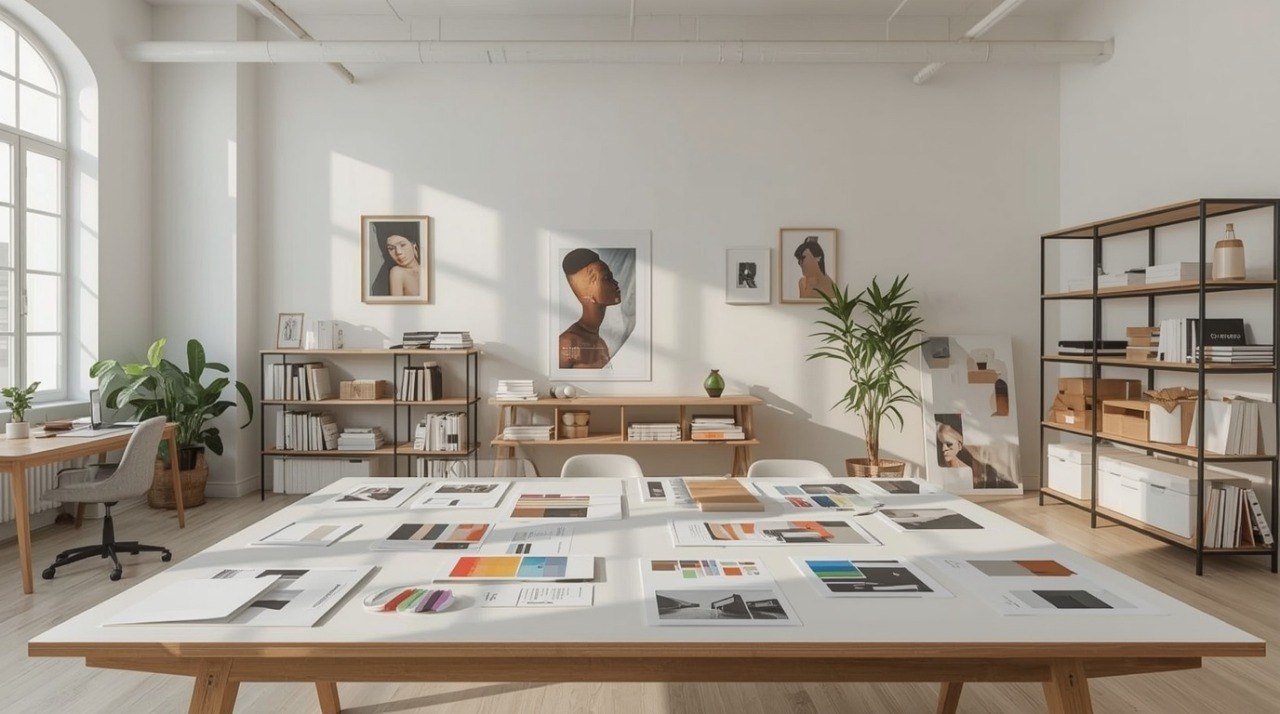Modern office space with a large table displaying brochures, bookshelves, and artwork.