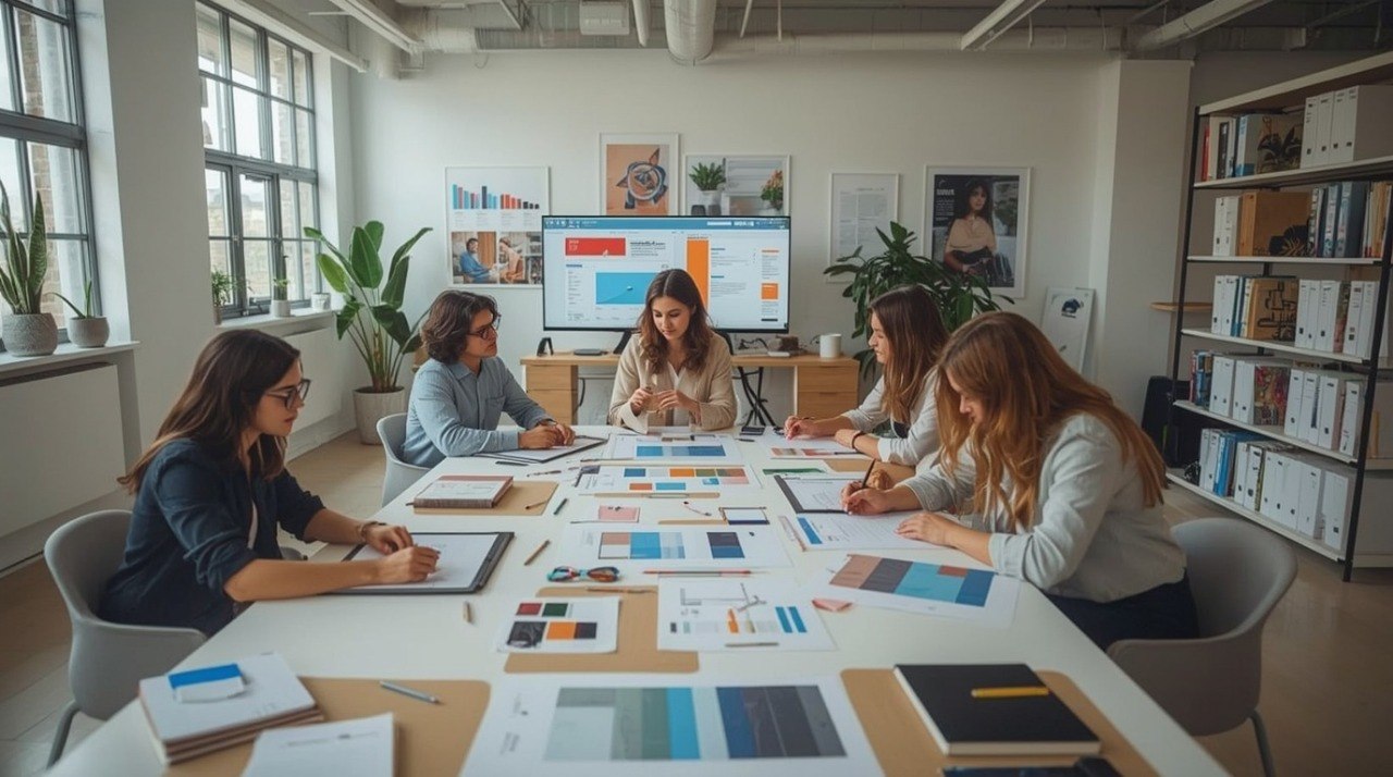Group of people working together at a table with design materials in a modern office setting.