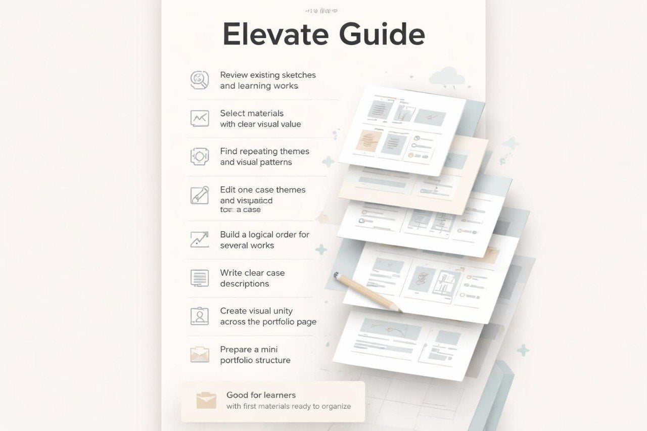 Elevate Guide with steps for design review and organization on a white background