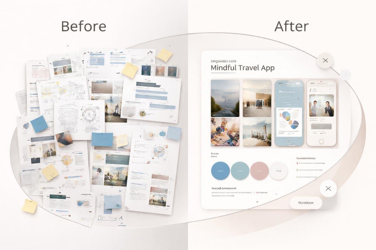 Before and after comparison of a mindful travel app design on a white background