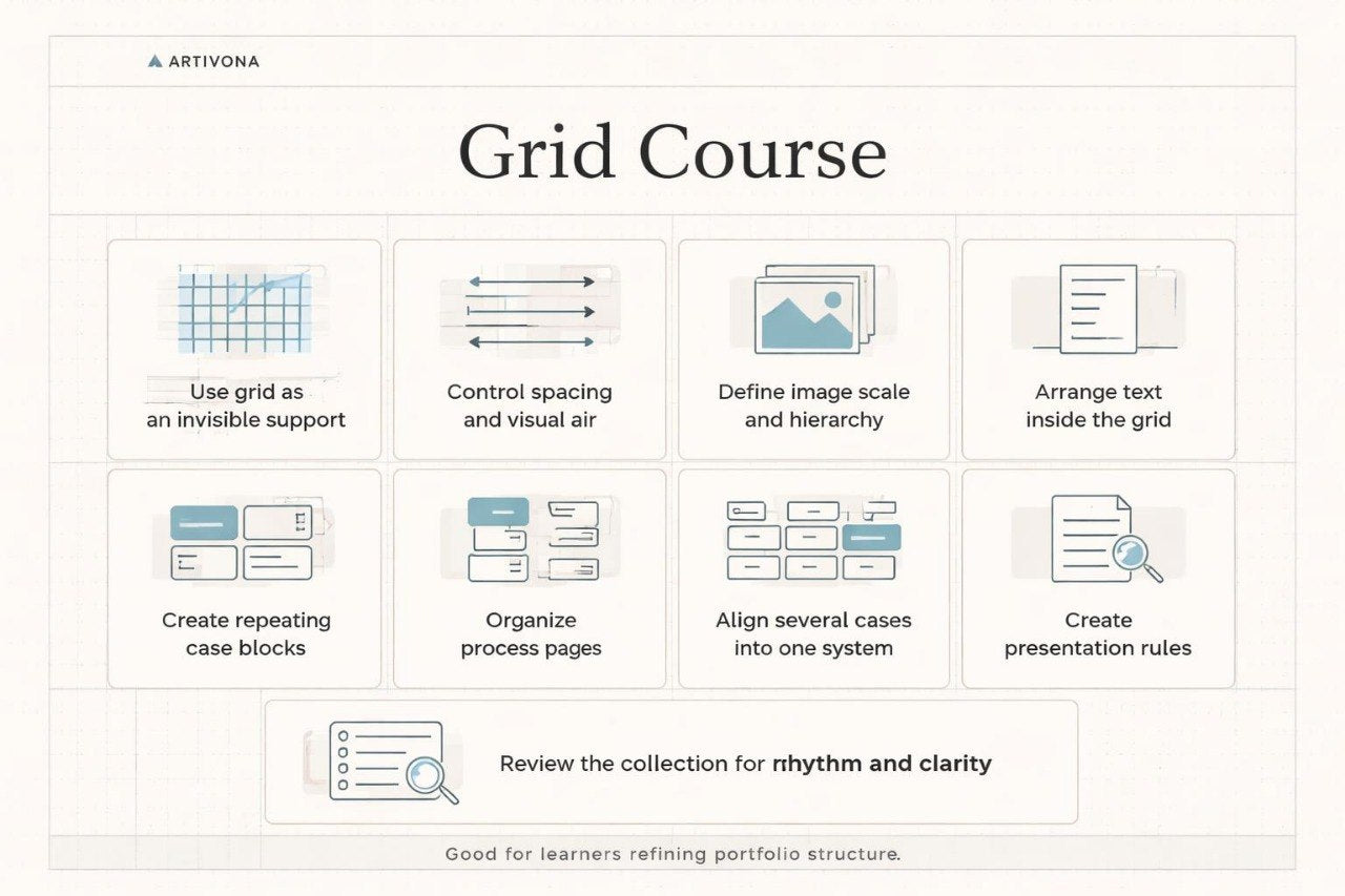 Grid Course diagram with icons and text on a white background