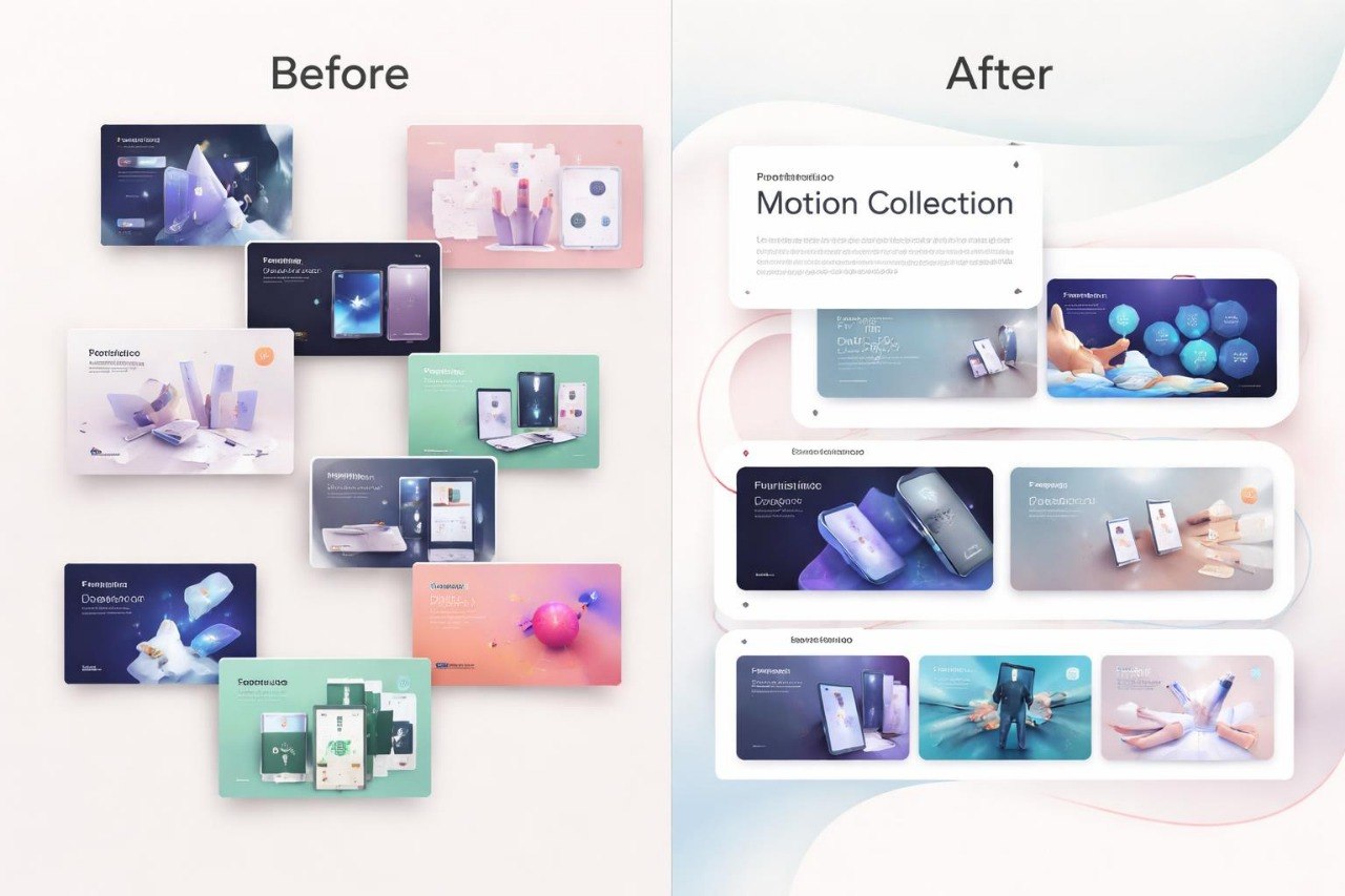Before and after comparison of a motion collection with various product images.