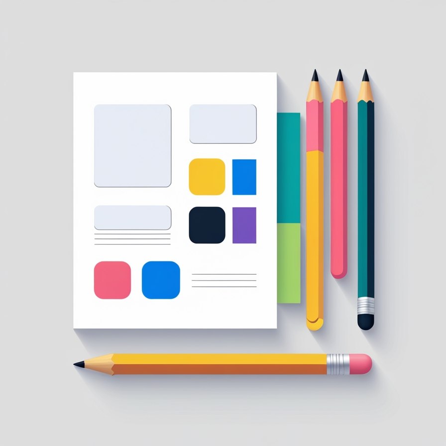 Colorful pencils and a sheet of paper with colorful shapes on a light gray background