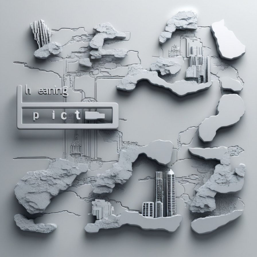 Gray world map with cut-out sections and text overlay on a gray background