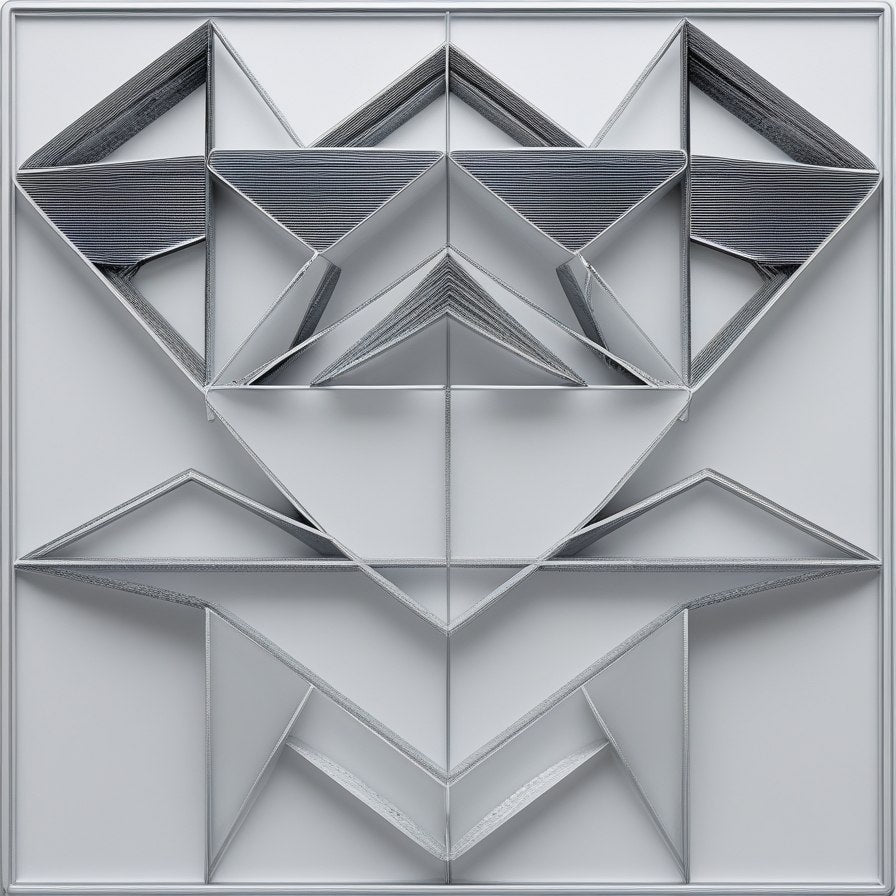Geometric metal sculpture with interlocking shapes on a white background