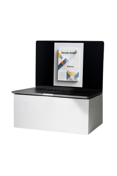 White and black electronic device with a magazine on top against a white background