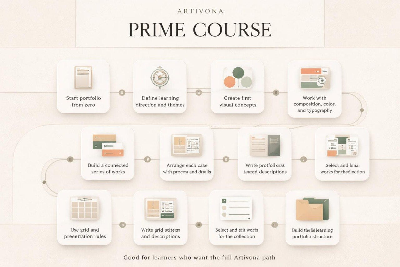 Artivona Prime Course flowchart with steps and icons on a beige background
