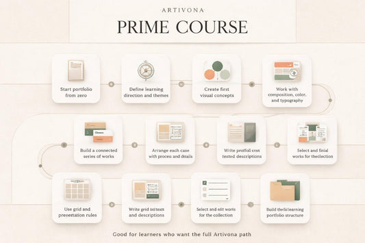 Artivona Prime Course flowchart with steps and icons on a beige background
