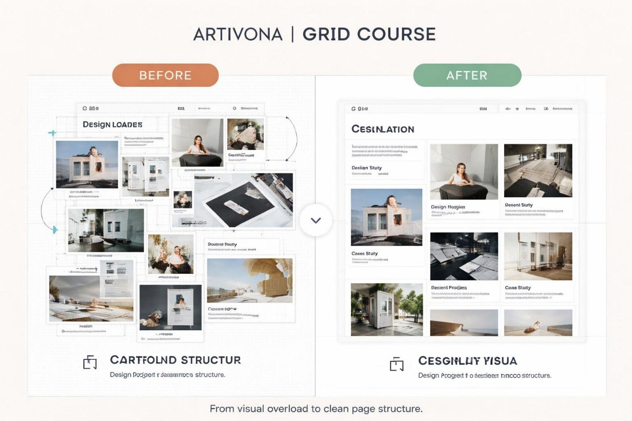 Comparison of a grid layout before and after restructuring, labeled 'Artivona Grid Course'.