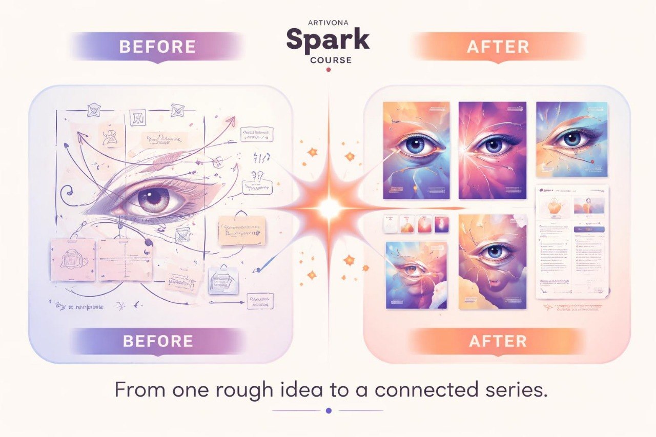 Before and after comparison of an Artwork Spark Course design process, showing a rough idea and a connected series.